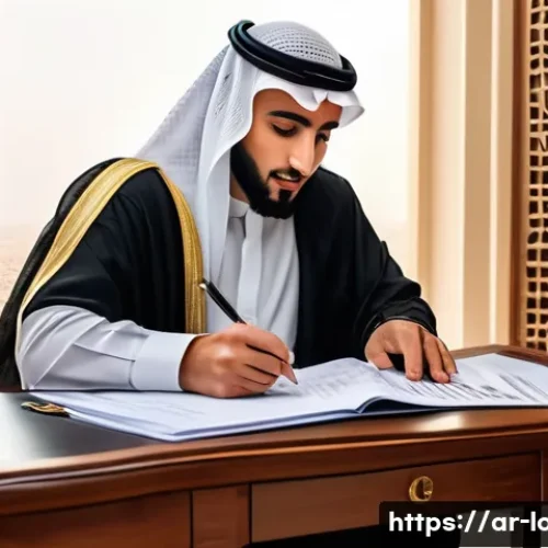 Home 13 학자금 대출 상환 방법 - A detailed digital illustration of a young Saudi Arabian man sitting at a traditional wooden desk in...
