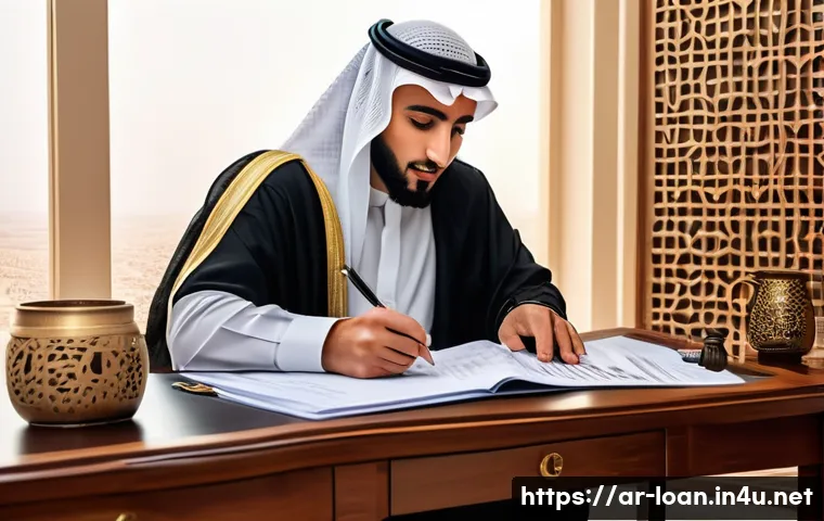 학자금 대출 상환 방법 - A detailed digital illustration of a young Saudi Arabian man sitting at a traditional wooden desk in...