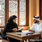 Home 20 캐피탈 대출 상환 유예 - A modern Arab family sitting around a traditional majlis-style living room, engaged in a serious yet...
