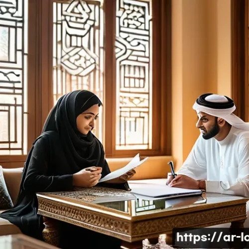 Home 32 캐피탈 대출 상환 유예 - A modern Arab family sitting around a traditional majlis-style living room, engaged in a serious yet...