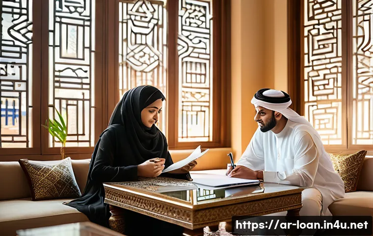 캐피탈 대출 상환 유예 - A modern Arab family sitting around a traditional majlis-style living room, engaged in a serious yet...