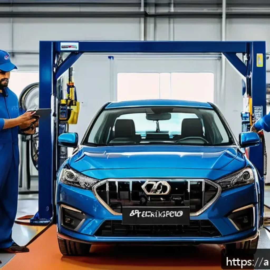 중고차 리스 유지 비용 - A modern, clean automotive workshop in Saudi Arabia with professional mechanics wearing uniforms, in...