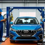 Home 19 중고차 리스 유지 비용 - A modern, clean automotive workshop in Saudi Arabia with professional mechanics wearing uniforms, in...