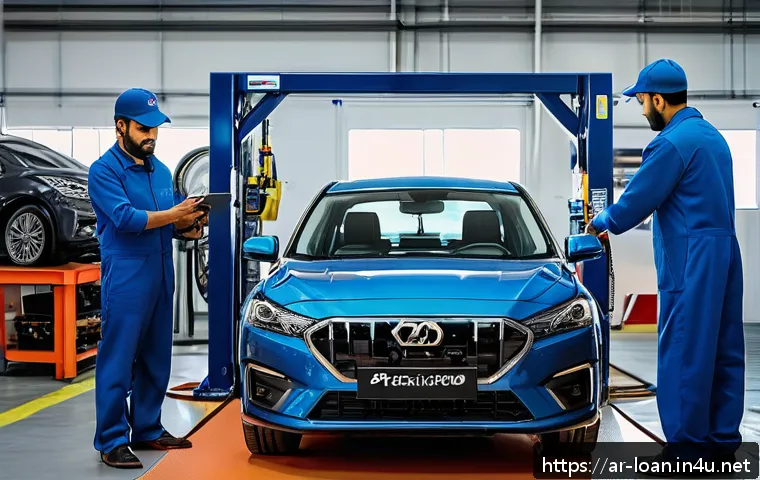 중고차 리스 유지 비용 - A modern, clean automotive workshop in Saudi Arabia with professional mechanics wearing uniforms, in...