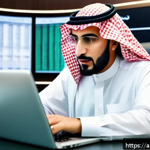Home 30 소액 대출 빠르게 받는 법 - A professional Saudi businessman in traditional attire sitting at a modern office desk, reviewing ne...
