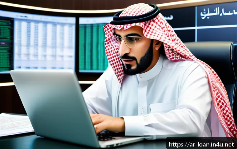 소액 대출 빠르게 받는 법 - A professional Saudi businessman in traditional attire sitting at a modern office desk, reviewing ne...