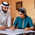 Home 23 대출 금리 변동의 영향 - A detailed digital illustration of a Middle Eastern family gathered around a table in a modern livin...