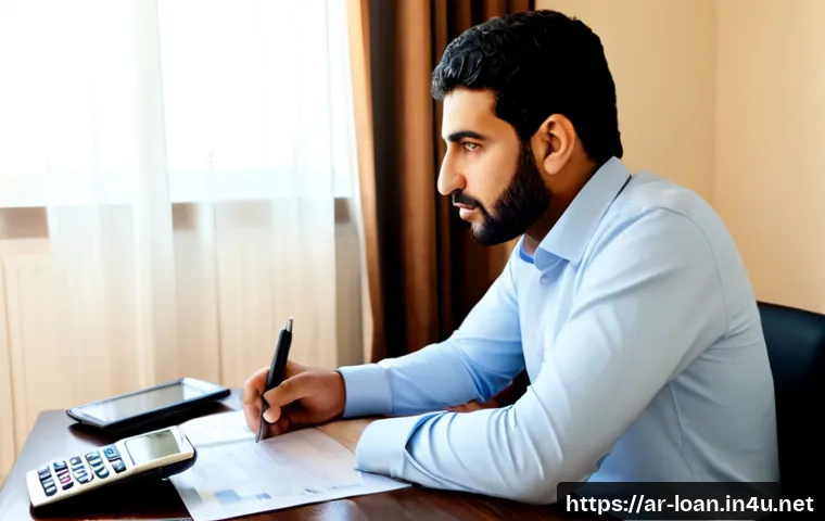 신용대출 연체 시 대처법 - Photorealistic Middle Eastern man in modest smart-casual clothing sitting calmly at a tidy home desk...