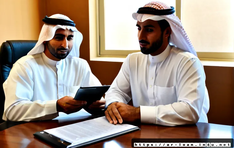 대출 금리 협상 팁 - Photorealistic loan interest rate negotiation meeting in a modern Gulf Arab bank office, confident m...